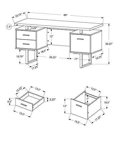 Monarch Specialties Computer Desk with Drawers - Contemporary Style - Home & Office Computer Desk with Metal Legs - 60"L (Brown Reclaimed Wood Look)