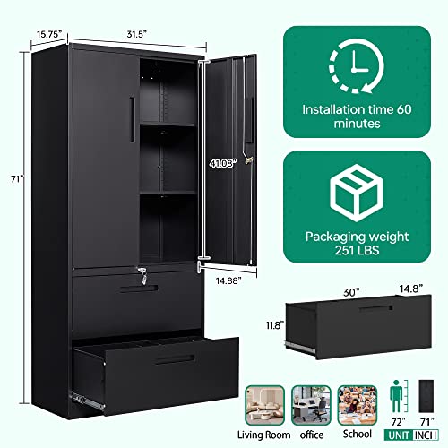 Letaya Metal File Cabinet with Lock, 2 Drawers, Adjustable Shelves - Black