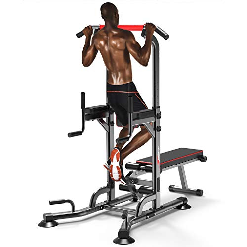 Tengma Power Tower with Bench, Pull Up Bar Dip Station, Height Adjustable Pull Up Tower for Home Gym Strength Training Exercise Workout Equipment, Support Up to 330LBS