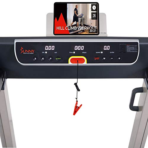 Sunny Health & Fitness No Assembly Motorized Folding Running Treadmill, 20" Wide Belt, Flat Folding & Low Profile for Portability with Speakers for USB and AUX Audio Connection - Strider, SF-T7718