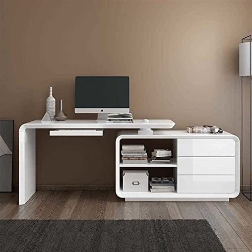 SYLTER Modern White Office Conference Computer Desk with Bookshelves and Drawers