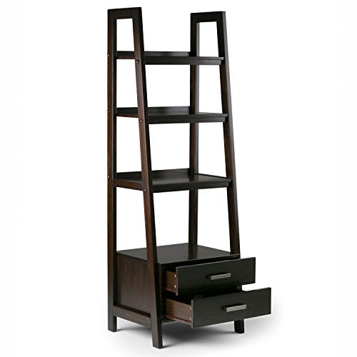 Simpli Home 3AXCSAW-06-BR Sawhorse Solid Wood 72 inch x 24 inch Modern Industrial Ladder Shelf with Storage in Dark Chestnut Brown