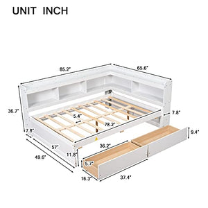 HomSof Full-L White Bed with L-Shaped Bookcases and Drawers