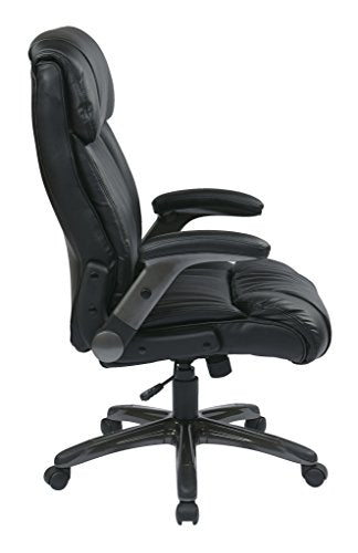 Office Star High Back Bonded Leather Executives Chair with Padded Flip Arms and Titanium Coated Accents, Black
