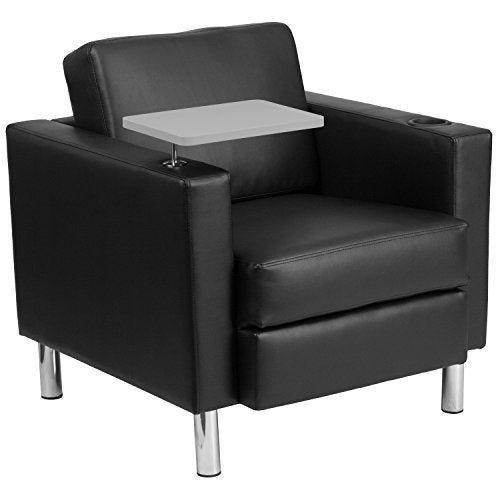 Flash Furniture Black Leather Guest Chair with Tablet Arm, Tall Chrome Legs and Cup Holder