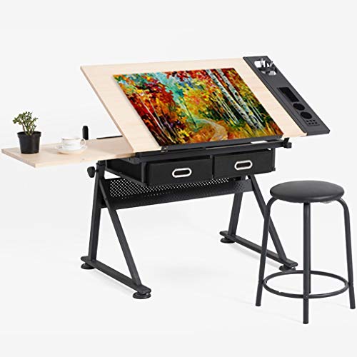 Lgan Height Adjustable Drawing Desk, Tiltable Craft Table with Storage, Maple Panel Art Desk, for Home Office Drafting Table