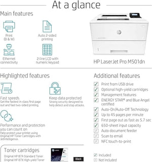 HP Laserjet Pro M501dn Monochrome Laser Printer, 45 ppm, Ethernet/USB, 2-line LCD, Auto-On/Off, Bundle with Printer Cable