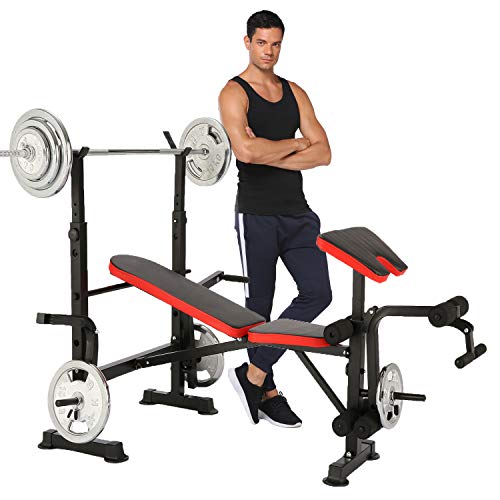Adjustable Olympic Weight Bench with Leg Developer and Squat Rack Multi-Functional Weight Lifting Bench Set for Whole Body Exercise (Red)