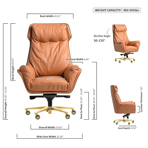 Kinnls Austin Genuine Leather Executive Office Chair with Reclining High Back and Tilt Angle (Khaki-Golden Base)