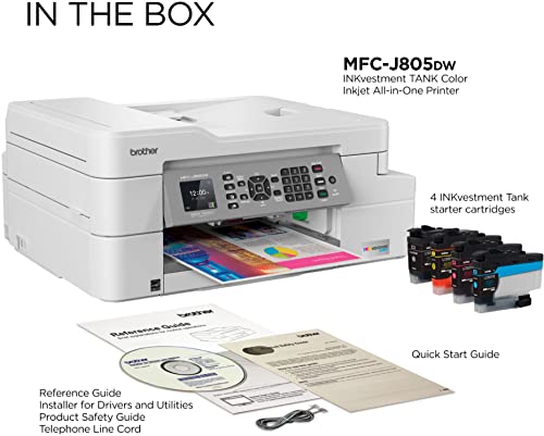 Brother MFC-J805DWA INKvestment Tank All-in-One Wireless Color Inkjet Printer, White - Print Copy Scan Fax - 12 ppm, 6000 x 1200 dpi, Auto 2-Sided Printing, up to 1-Year of Ink in-Box, Printer Cable