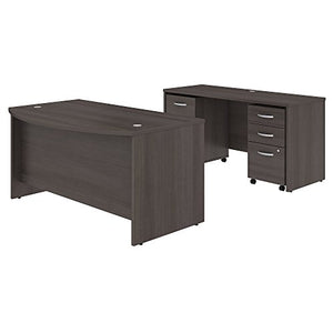 Studio C 60W x 36D Bow Front Desk and Credenza with Mobile File Cabinets in Storm Gray