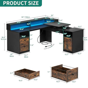 YITAHOME L Shaped Desk with Power Outlets & LED Lights, 60” Corner Computer Desk, Drawers, Lift Top, Monitor Stand, File Cabinet - Black & Brown