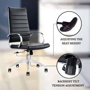 GM Seating Ribbed High Back Conference Room Chairs Set of 8 - Lumbar Support, Modern Style Executive Chair - Black