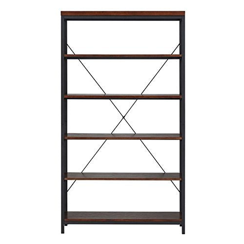 ModHaus Living Industrial Rustic Style Black Metal Frame 6 Tier 40 inches Horizontal Bookshelf Storage Media Tower | Dark Brown Finish, Living Room Decor - Includes Pen (40-inches Wide)