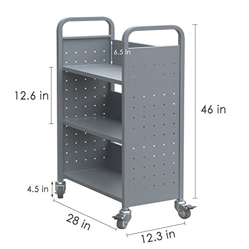 H&A Heavy Duty 4-Wheel Rolling Library Book Cart, 3 Shelves, Grey