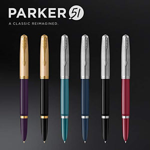 Parker 51 Deluxe Fountain Pen | Black Barrel and Gold Attributes | Medium Nib in 18 Carat Gold | Black Ink Cartridge | Delivered in Gift Box