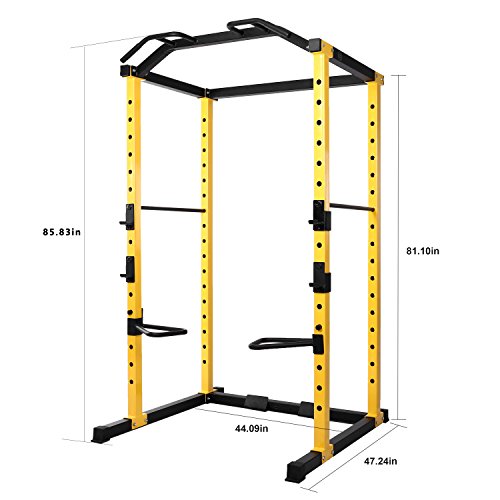 HulkFit 1000-Pound Capacity Multi-Function Adjustable Power Cage with J-Hooks and Dip Bars, Power Cage Only, Yellow