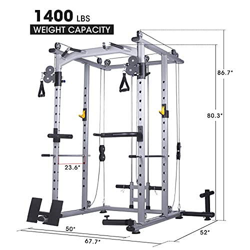 Mikolo Multi-Function Power Cage, 1400 lbs Commercial Weight Cage with Cable Crossover Machine, J-Hooks, Landmine, T-Bar, Dip Bars, Barbell Holder, and Other Attachments