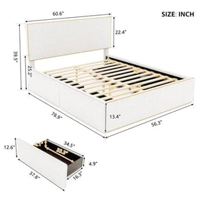 None Upholstered Platform Bed with 4 Drawers & Golden Edge, Full Size - Bedroom Furniture