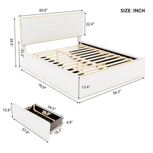 Upholstered Platform Bed with 4 Drawers & Golden Edge, Full Size - Bedroom Furniture