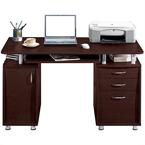 Pemberly Row 48" Wide Home Office Computer Desk in Gray with CPU Storage Cabinet and Hanging File Cabinet, Brown