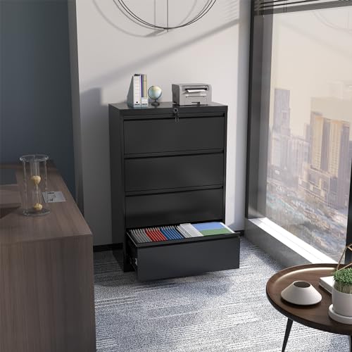 METAN Lateral 4 Drawer File Cabinet, Locking Steel, Black