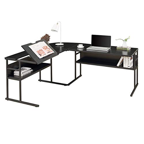Merax L-Shaped Bottom Bookshelves, Multi-Function Drafting Drawing Table with Tiltable Desktop Desk, 59" L x 67" W x 29.5" H, Black