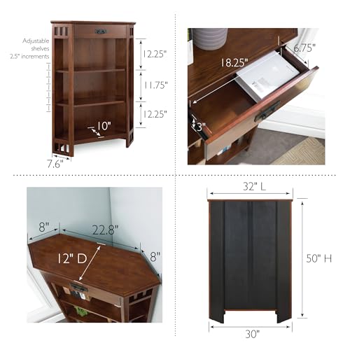 Leick Home 82263 Mantel Height 3 Shelf Corner Bookcase with Drawer Storage, Mission Oak, Brownbronze