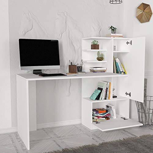 MAKENZA Merino Office Desk Modern Living Room Furniture with Adjustable Shelves & One Hidden Cabinet, Writing Workstation Table Compatible for Home, Office Study (White)