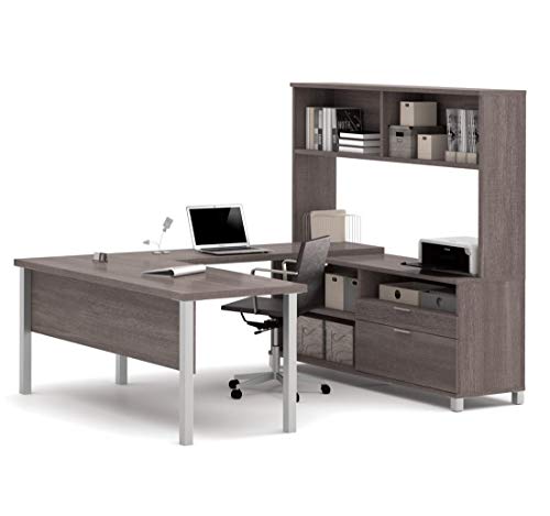 Bestar Pro-Linea U-Desk with Hutch, Bark Grey