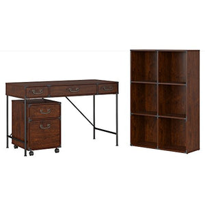 kathy ireland Home by Bush Furniture Ironworks 48W Writing Desk, 2 Drawer Mobile File Cabinet, and 6 Cube Bookcase in Coastal Cherry