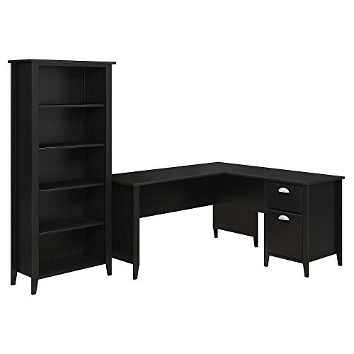 kathy ireland Home by Bush Furniture Connecticut 60W L Desk and Bookcase in Black Suede Oak