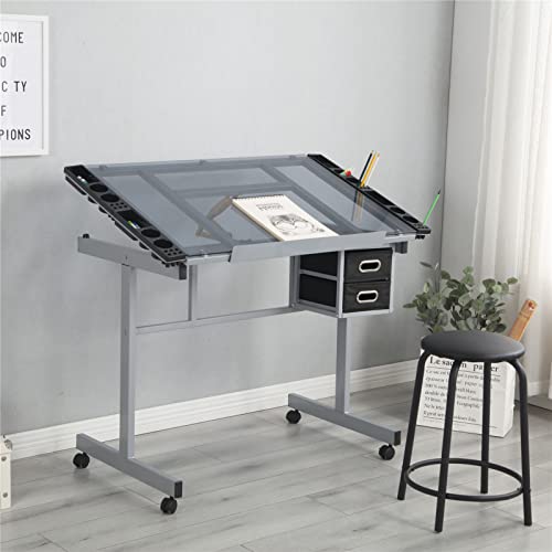 WEALTHGIRL Adjustable Glass Drafting Table for Artists, Tiltable Drawing Desk with Storage Drawers and Wheels