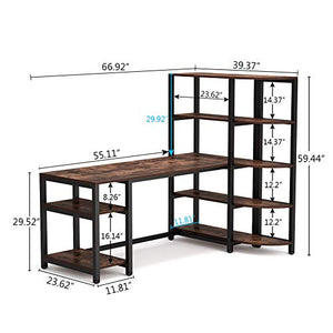 Tribesigns Industrial Computer Desk with 5 Tier Storage Shelves, 67 inch Large Office Desk Study Writing Table Workstation with Corner Bookshelf and Tower Shelf for Home Office, Retro Brown