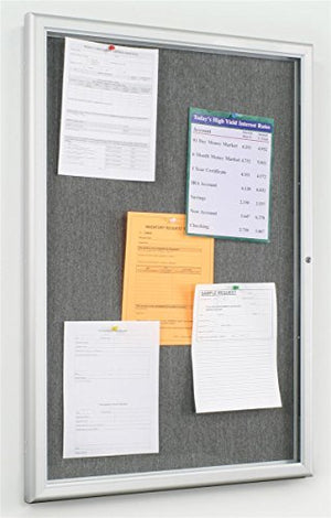Tack Bulletin Board with a Locking Satin Aluminum Frame, a 24” x 36” Enclosed Grey Fabric Display, and a Polystyrene Lens