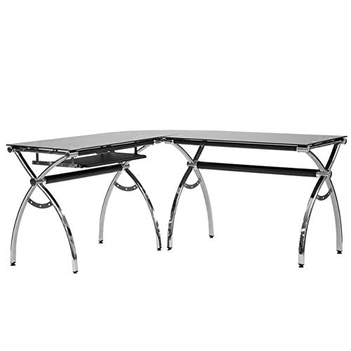 Techni Mobili L-Shaped Colored Tempered Glass Top Corner Desk With Pull Out Keyboard Tray, 61.25" W X 55" D X 30" H, Black