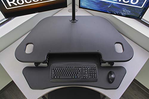 Rocelco 46" Height Adjustable Corner Standing Desk Converter with Dual Monitor Arm Bundle - Quick Sit Stand Up Computer Workstation Riser - Extra Large Keyboard Tray - Black (R CADRB-46-DM2)
