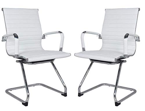 US Office Elements Leather Office Guest Chair for Reception with Removable Arms - Sled Base Without Wheels for Desk Waiting Area Lobby Conference Room - Set of 2, White