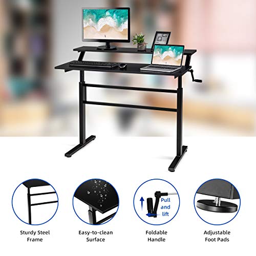 Tangkula Standing Desk, 2-Tier Height Adjustable Sit to Standing Desk, Computer Desk Workstation with Monitor Stand & Foldable Crank Handle, Ergonomic Home Office Desk (Black)