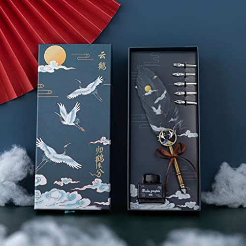 ZYKHD Vintage Crane Chinese Style Calligraphy Feather Dip Pen Writing Ink Set Stationery Quill Fountain Pen Creative Gift (Color : B)