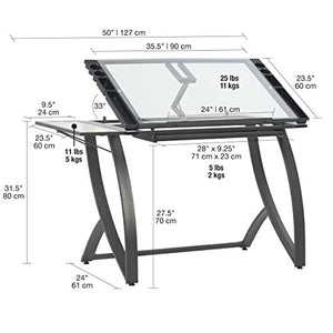 SD STUDIO DESIGNS Futura Luxe Drafting Craft Table, 35" Wide Angle Adjustable Top, Pewter Grey/Clear Glass