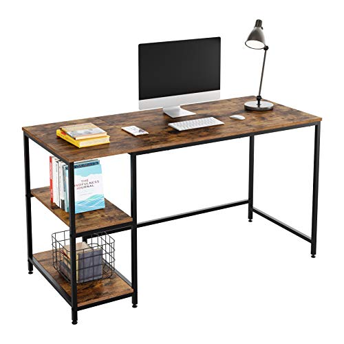 Homfa Computer Desk with 2 Shelves, 55 in Length Study Writing Table, 2-in-1 Large Office Desk with Metal Legs, Adjustable feet, Modern Furniture for Home Office, Study Room-Rustic Brown