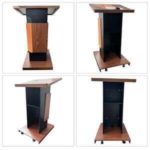 Mecpramy Wooden Podium with Storage & Lockable Wheels, Mic Stand Space - Elegant Design for Restaurants, Churches, Seminars, Schools