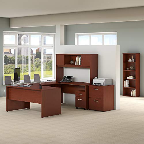 Bush Furniture Commerce 60W U Shaped Desk with Hutch, File Cabinets and Bookcase in Autumn Cherry
