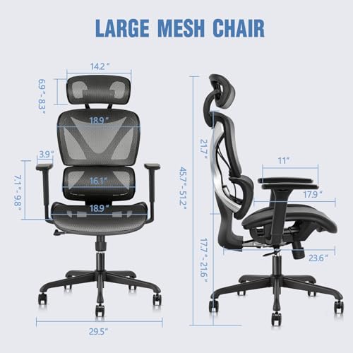 GABRYLLY Ergonomic Office Chair with Lumbar Support, Adjustable 3D Arms, Reclining, Headrest & Large Seat - Grey