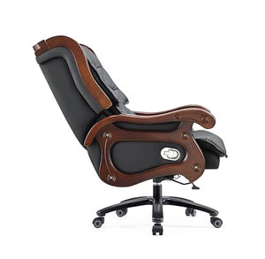 Generic Executive Office Chair - Fully Reclining Genuine Leather, Solid Oak Wood (Black)