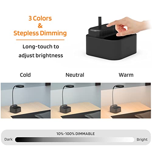Desk Lamp for Office Computer Desktop Black Rechargeable Gooseneck with Pen Holder