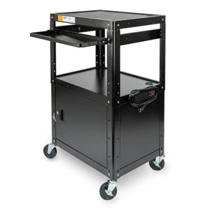 Metateel Large AV Cart with Extra Storage - Adjustable Height, Locking Cabinet, Power Strip - Holds 300 lbs - Easy Assembly (24'' x 18'' x 42'')