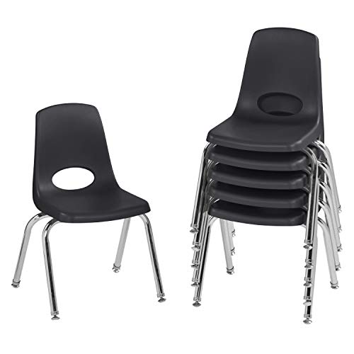 FDP 14" School Stack Chair, Stacking Student Seat with Chromed Steel Legs and Nylon Swivel Glides; for in-Home Learning or Classroom - Black (6-Pack), 10364-BK