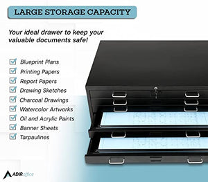 AdirOffice Flat File Cabinet - Heavy Duty 5-Drawer Blueprint Storage, 41" x 53", Ideal for Artists and Engineers - Black